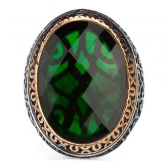 Simetrik Desenli Büyük Yeşil Zirkon Taşlı Gümüş Erkek Yüzük 2