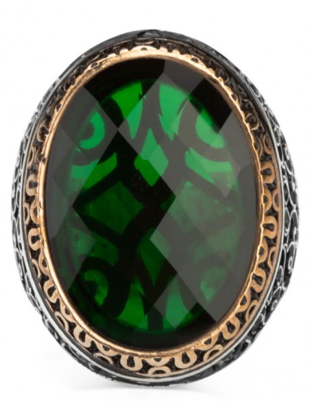 Simetrik Desenli Büyük Yeşil Zirkon Taşlı Gümüş Erkek Yüzük