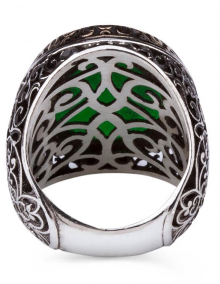 Simetrik Desenli Büyük Yeşil Zirkon Taşlı Gümüş Erkek Yüzük