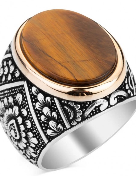 Simetrik Desenli Kahverengi Kaplangözü Taşlı Gümüş Erkek Yüzük