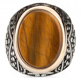 Simetrik Desenli Kahverengi Kaplangözü Taşlı Gümüş Erkek Yüzük 2