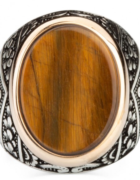 Simetrik Desenli Kahverengi Kaplangözü Taşlı Gümüş Erkek Yüzük