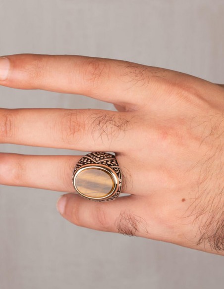Simetrik Desenli Kahverengi Kaplangözü Taşlı Gümüş Erkek Yüzük