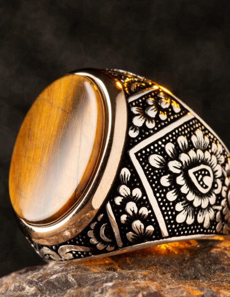 Simetrik Desenli Kahverengi Kaplangözü Taşlı Gümüş Erkek Yüzük