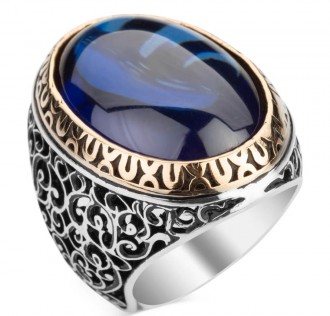 Simetrik Desenli Oval Büyük Mavi Zirkon Taşlı Gümüş Erkek Yüzük