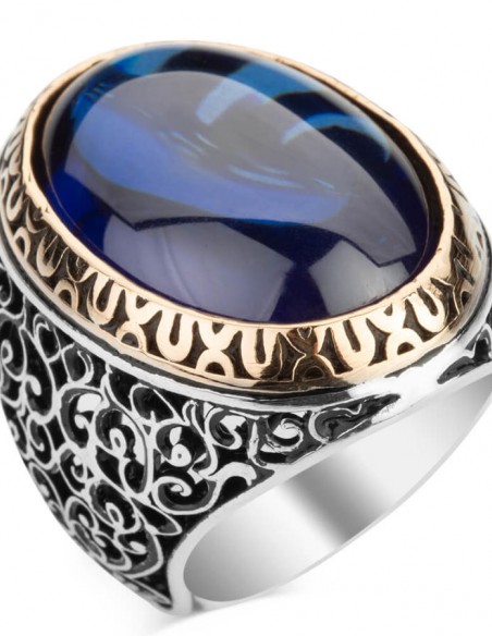 Simetrik Desenli Oval Büyük Mavi Zirkon Taşlı Gümüş Erkek Yüzük