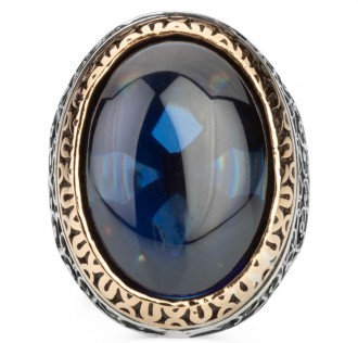 Simetrik Desenli Oval Büyük Mavi Zirkon Taşlı Gümüş Erkek Yüzük 2