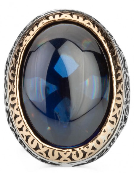 Simetrik Desenli Oval Büyük Mavi Zirkon Taşlı Gümüş Erkek Yüzük