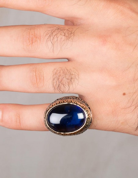 Simetrik Desenli Oval Büyük Mavi Zirkon Taşlı Gümüş Erkek Yüzük