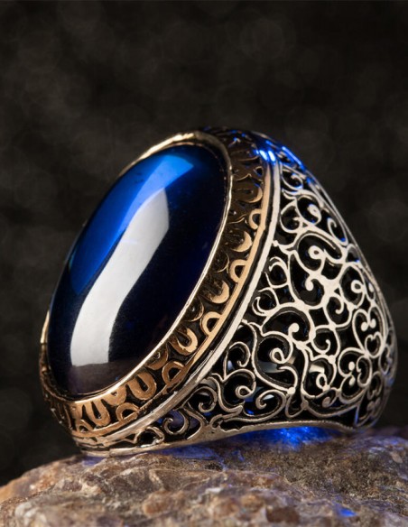 Simetrik Desenli Oval Büyük Mavi Zirkon Taşlı Gümüş Erkek Yüzük