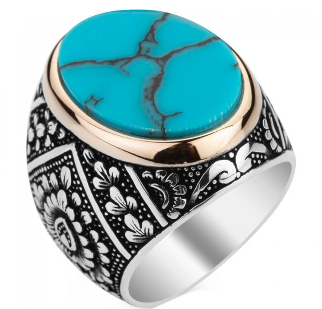 Simetrik Desenli Turkuaz Taşlı Gümüş Erkek Yüzük