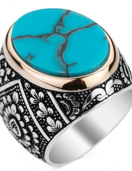 Simetrik Desenli Turkuaz Taşlı Gümüş Erkek Yüzük