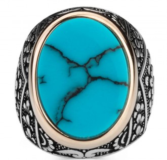 Simetrik Desenli Turkuaz Taşlı Gümüş Erkek Yüzük 2