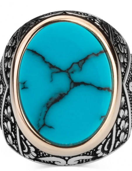 Simetrik Desenli Turkuaz Taşlı Gümüş Erkek Yüzük