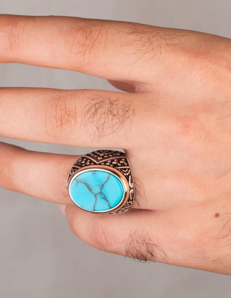 Simetrik Desenli Turkuaz Taşlı Gümüş Erkek Yüzük
