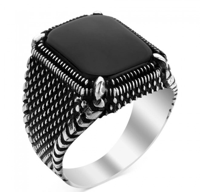 Siyah Oniks Taş Gümüş Erkek Yüzük