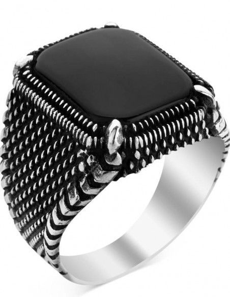 Siyah Oniks Taş Gümüş Erkek Yüzük