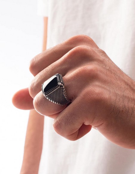 Siyah Oniks Taş Gümüş Erkek Yüzük