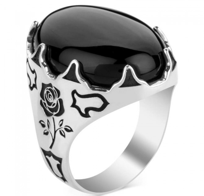 Siyah Oniks Taşlı Lale Motifli Gümüş Erkek Yüzük
