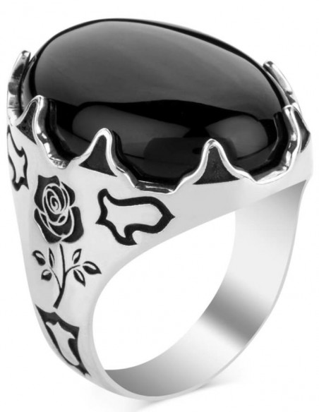 Siyah Oniks Taşlı Lale Motifli Gümüş Erkek Yüzük