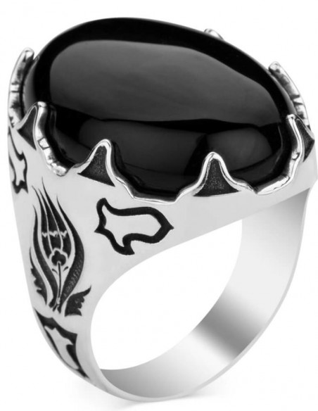 Siyah Oniks Taşlı Lale Motifli Gümüş Erkek Yüzük