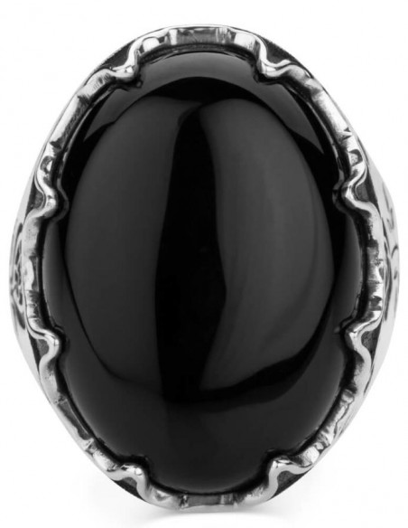 Siyah Oniks Taşlı Lale Motifli Gümüş Erkek Yüzük