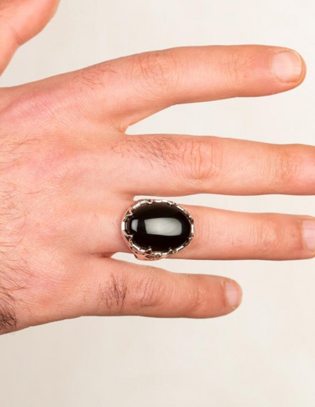 Siyah Oniks Taşlı Lale Motifli Gümüş Erkek Yüzük