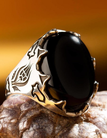 Siyah Oniks Taşlı Lale Motifli Gümüş Erkek Yüzük