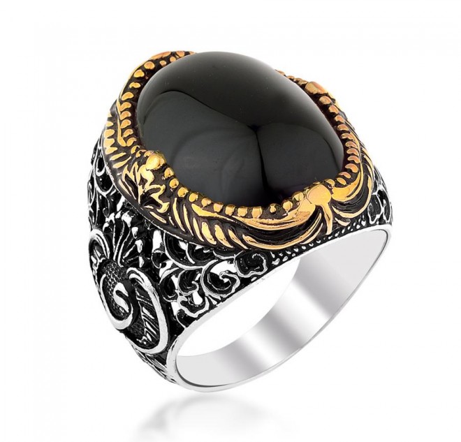 Siyah Oniks Taşlı Simetrik İşlemeli Gümüş Erkek Yüzük