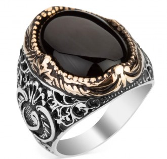 Siyah Oniks Taşlı Vav Harfi Desenli Gümüş Erkek Yüzük