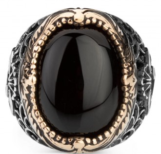 Siyah Oniks Taşlı Vav Harfi Desenli Gümüş Erkek Yüzük 2