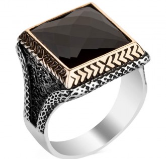 Siyah Zirkon Taşlı Kare Tasarım Erkek Gümüş Yüzüğü