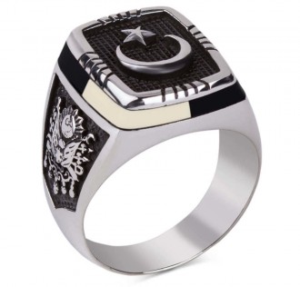 Siyah-Beyaz İşlemeli Ay Yıldızlı Gümüş Erkek Yüzük