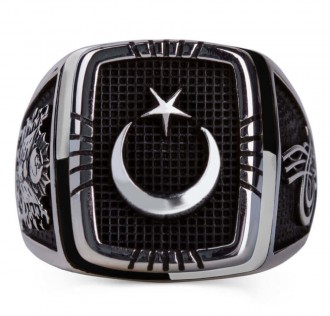 Siyah-Beyaz İşlemeli Ay Yıldızlı Gümüş Erkek Yüzük 2