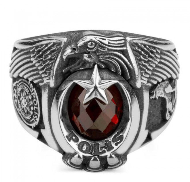 Tek Kartal Baş Bozkurtlu Polis Yüzüğü