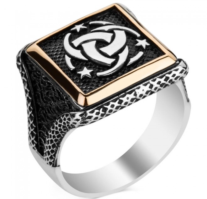 Teşkilat-ı Mahsusa Motifli Kare Tasarım Erkek Gümüş Yüzüğü