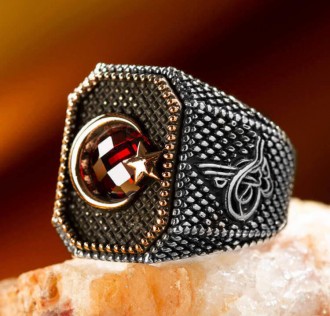 Tuğra Figürlü Ay Yıldızlı Gümüş Erkek Yüzüğü