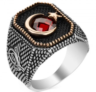 Tuğra Figürlü Ay Yıldızlı Gümüş Erkek Yüzüğü 2