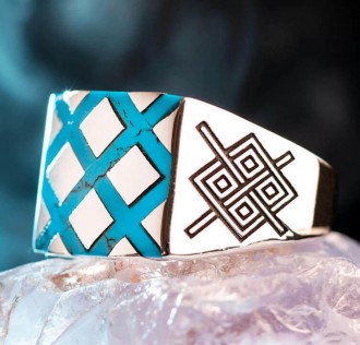 Turkuaz Firuze Taş İşlemeli Gümüş Erkek Yüzük