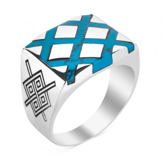 Turkuaz Firuze Taş İşlemeli Gümüş Erkek Yüzük 2