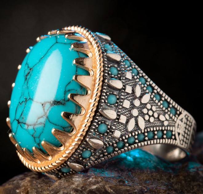 Turkuaz Firuze Taş Süslemeli Gümüş Erkek Yüzük