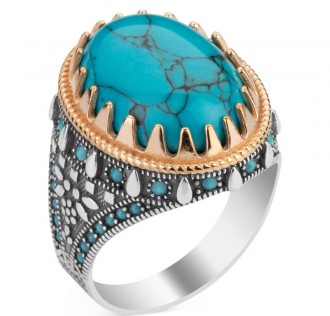 Turkuaz Firuze Taş Süslemeli Gümüş Erkek Yüzük 2