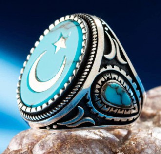 Turkuaz Firuze Taş Üzerine Ay Yıldız Gümüş Yüzük