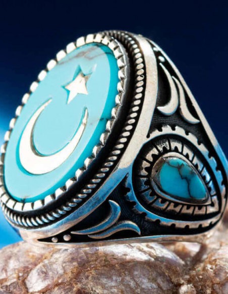 Turkuaz Firuze Taş Üzerine Ay Yıldız Gümüş Yüzük