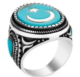 Turkuaz Firuze Taş Üzerine Ay Yıldız Gümüş Yüzük 2