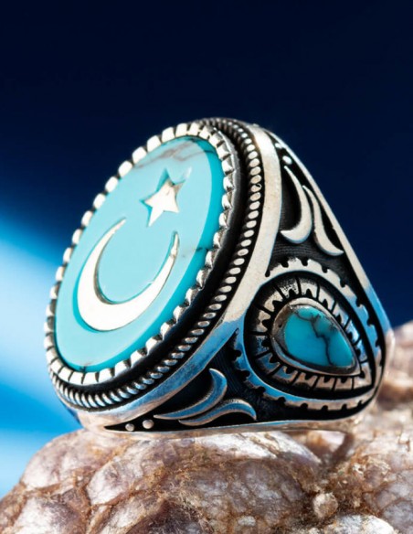 Turkuaz Firuze Taş Üzerine Ay Yıldız Gümüş Yüzük