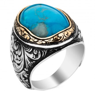Turkuaz Firuze Taşlı Kalem İşleme Desenli Gümüş Erkek Yüzük