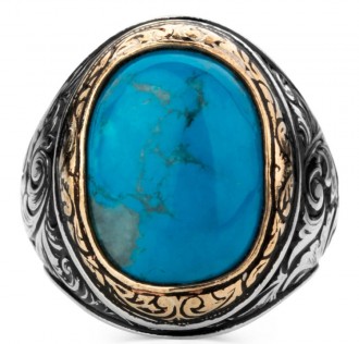 Turkuaz Firuze Taşlı Kalem İşleme Desenli Gümüş Erkek Yüzük 2