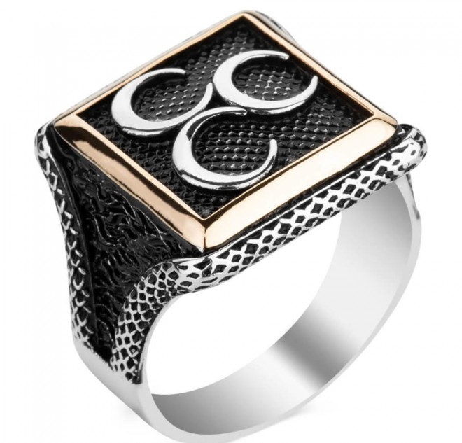 Üç Hilalli Kare Tasarım Erkek Gümüş Yüzüğü