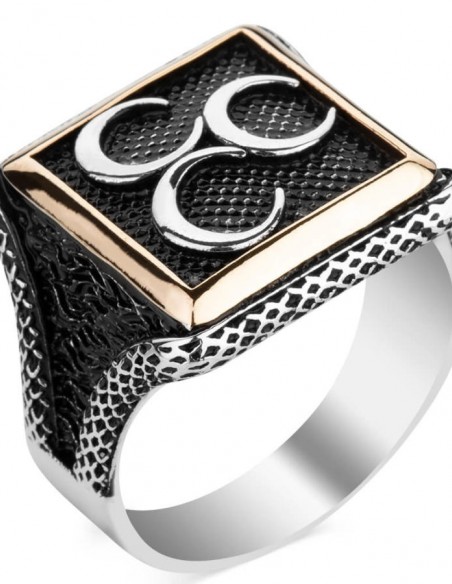 Üç Hilalli Kare Tasarım Erkek Gümüş Yüzüğü